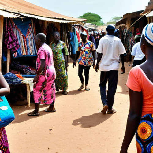 Home 11 **A vibrant marketplace in Gambia, overflowing with colorful textiles and local crafts. In the foreground, a worried tourist clutches their purse, looking relieved as they speak on the phone with a travel insurance representative. Focus on the contrast between the bustling market and the tourist's sense of security.**