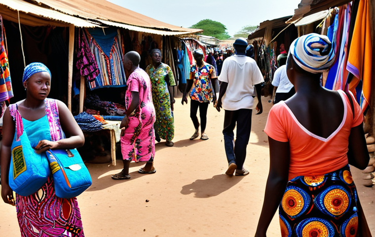 **A vibrant marketplace in Gambia, overflowing with colorful textiles and local crafts. In the foreground, a worried tourist clutches their purse, looking relieved as they speak on the phone with a travel insurance representative. Focus on the contrast between the bustling market and the tourist's sense of security.**
