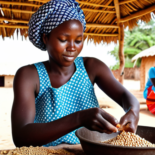 Home 6 **A vibrant Gambian cooking class in a small village near Banjul. Focus on a local woman demonstrating how to grind peanuts by hand for Domoda. Capture the warmth and interaction between the woman and a traveler.**