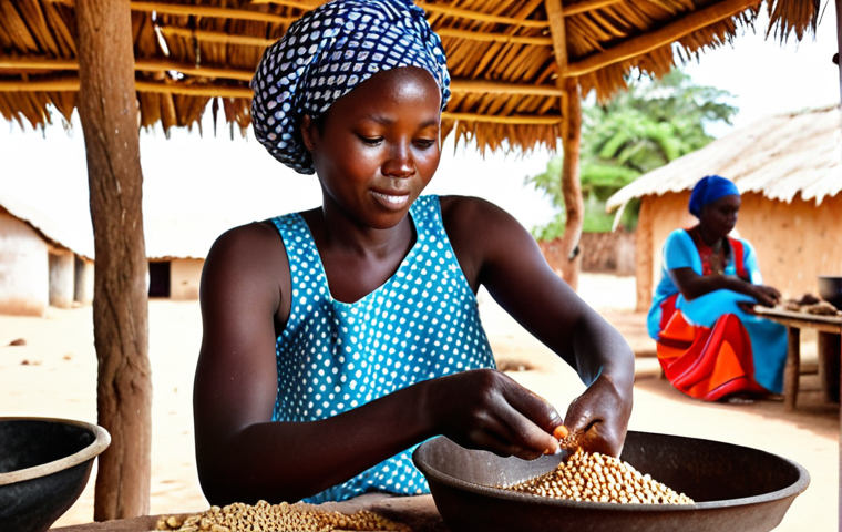 **A vibrant Gambian cooking class in a small village near Banjul. Focus on a local woman demonstrating how to grind peanuts by hand for Domoda. Capture the warmth and interaction between the woman and a traveler.**